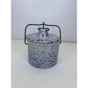 VINTAGE BLUE SPECKLED CROCK WITH WIRE BAIL LID BUTTER / CHEESE SEAL STONEWEAR